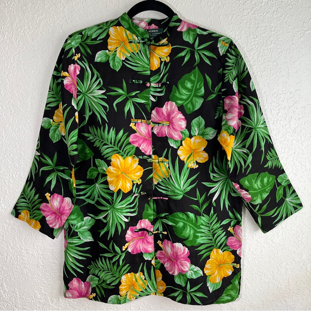 Ralph Lauren Top Blouse Size Petite Medium Tropical Floral Asian Knot Button Up